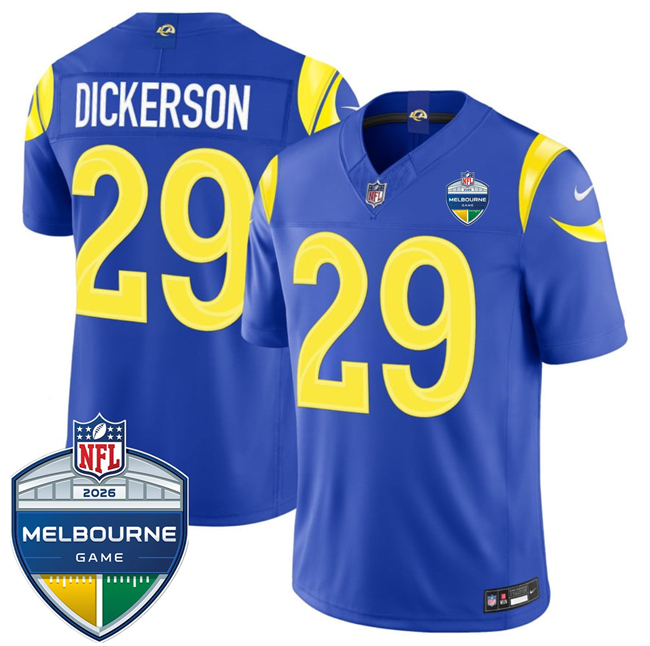 Men's Royal Los Angeles Rams #29 Eric Dickerson 2026 F.U.S.E. Melbourne Game Patch Vapor Limited Stitched Football Jersey